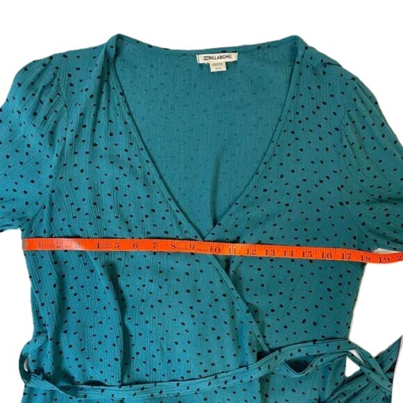 Billabong Polka Dot Wrap Blouse Long Sleeves V Neck Teal Blue Green Black Size M - Picture 4 of 9